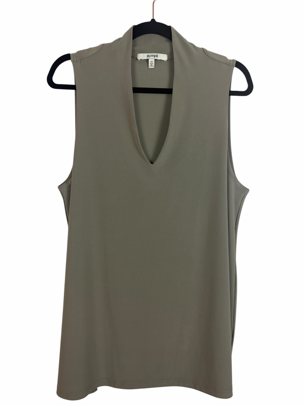 Sympli Sleeveless V-Neck Tunic Tank Top Taupe Made in Canada Size 18